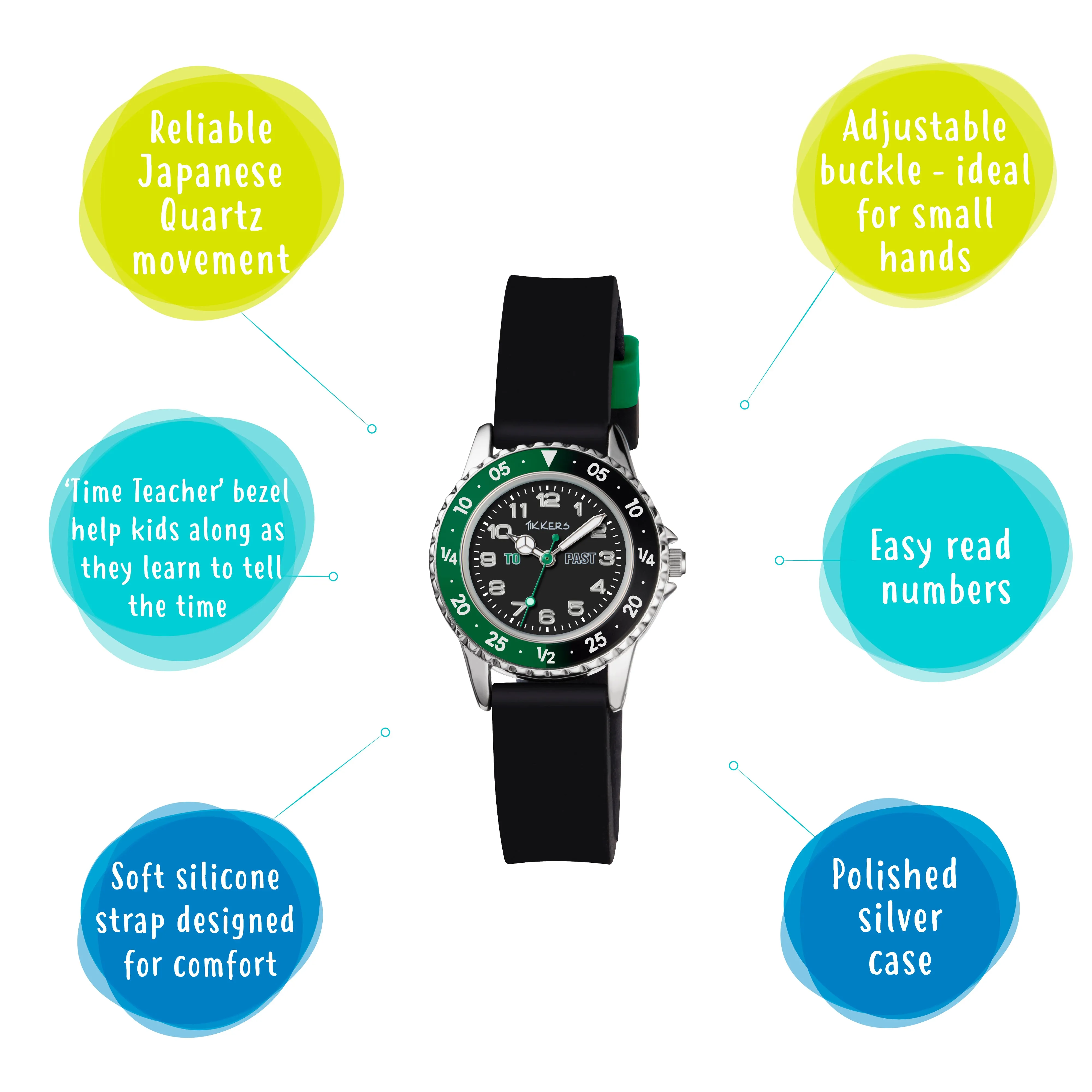 Tikkers Time Teacher Green & Black Silicone Watch TK0139