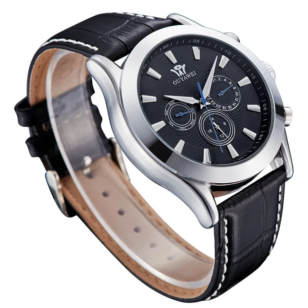 Top Mechanical Wrist Watch OUYAWEI Brand Men's Favorite Watches Leather Strap Analog Display