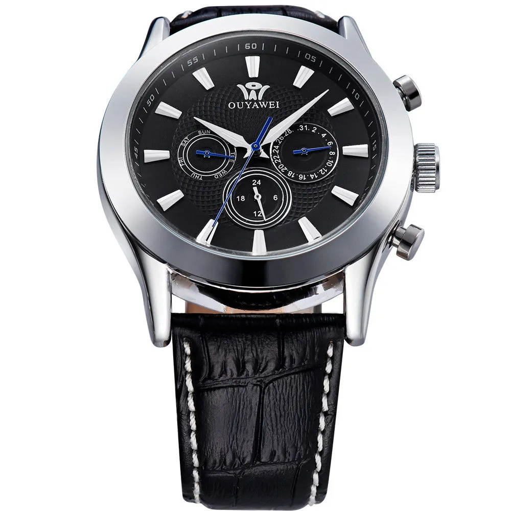 Top Mechanical Wrist Watch OUYAWEI Brand Men's Favorite Watches Leather Strap Analog Display