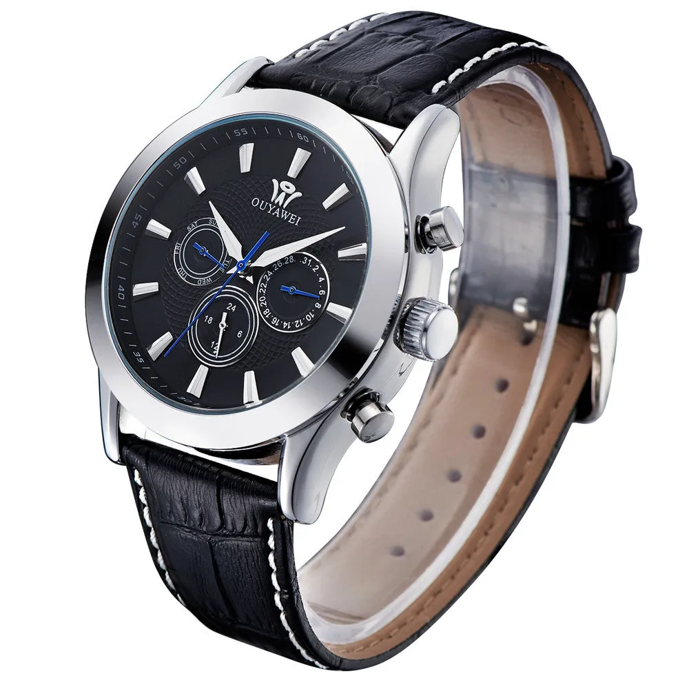 Top Mechanical Wrist Watch OUYAWEI Brand Men's Favorite Watches Leather Strap Analog Display