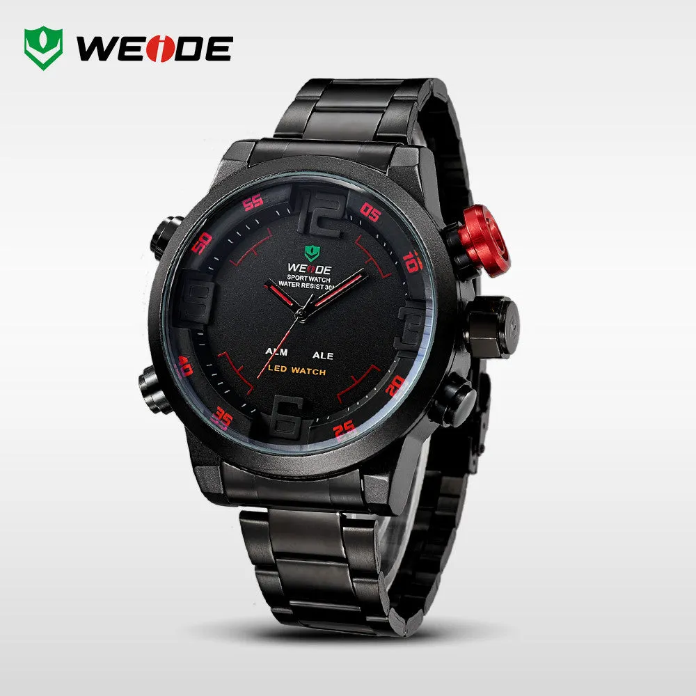 WEIDE Luxury Brand Men Sports Watches Full steel Army Military Watch LED Digital Analog 30m Waterproof Dive Quartz Wristwatches