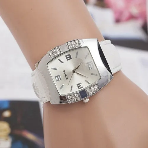 Women's Rhinestone Barrel Shape Case Faux Leather Band Analog Quartz Wrist Watch