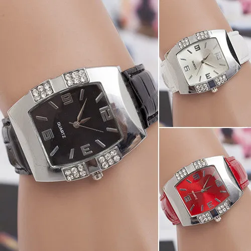 Women's Rhinestone Barrel Shape Case Faux Leather Band Analog Quartz Wrist Watch