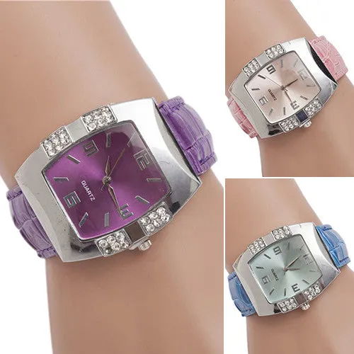 Women's Rhinestone Barrel Shape Case Faux Leather Band Analog Quartz Wrist Watch