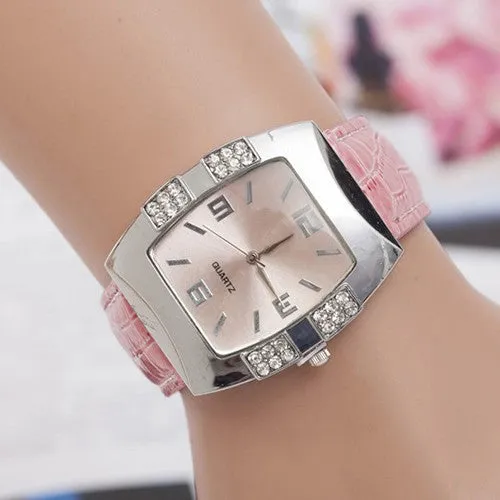 Women's Rhinestone Barrel Shape Case Faux Leather Band Analog Quartz Wrist Watch