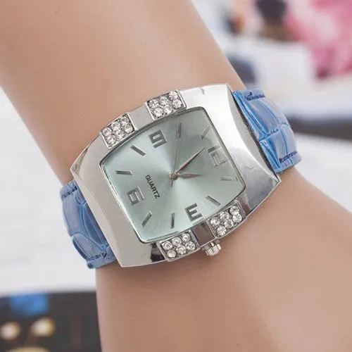 Women's Rhinestone Barrel Shape Case Faux Leather Band Analog Quartz Wrist Watch