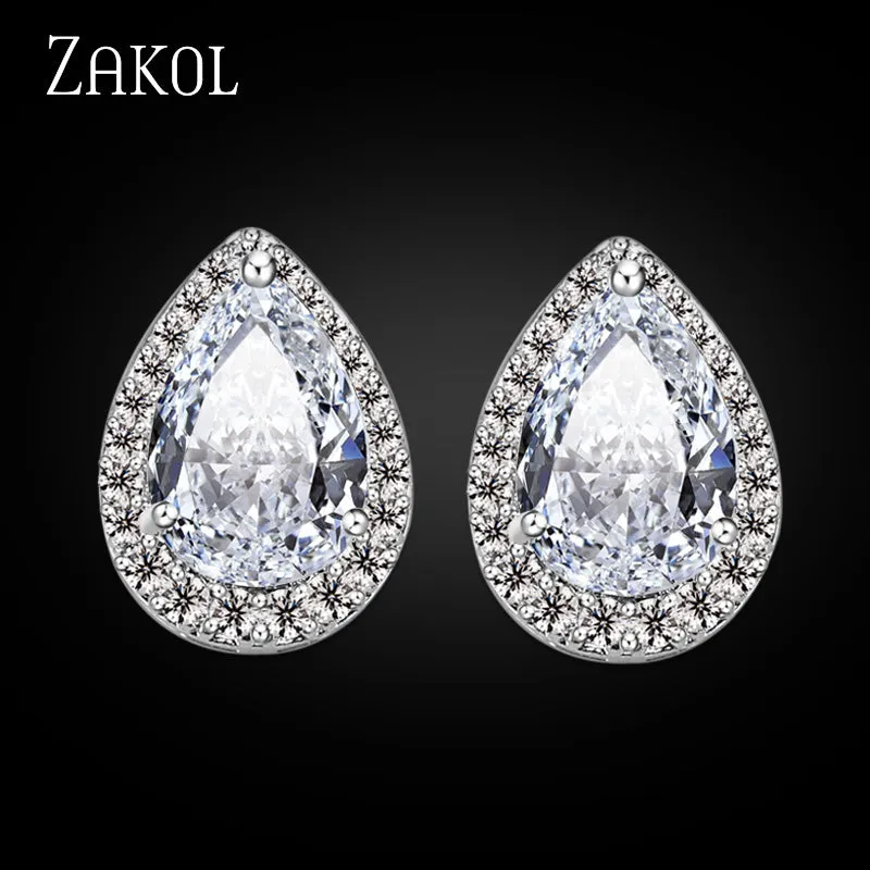 ZAKOL Fashion Big Pear Cubic Zircon Stud Earrings with Tiny Crystal Exquisite Sliver Color Bridal Wedding Jewelry Aretes FSEP001