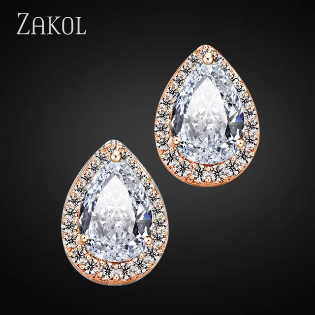 ZAKOL Fashion Big Pear Cubic Zircon Stud Earrings with Tiny Crystal Exquisite Sliver Color Bridal Wedding Jewelry Aretes FSEP001